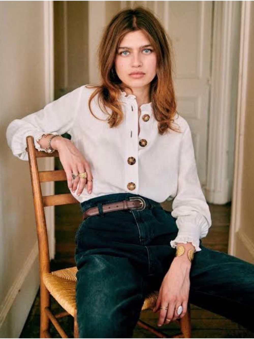 Sezane Khalie White Linen Button-Front Ruffle Cuff Blouse size 4